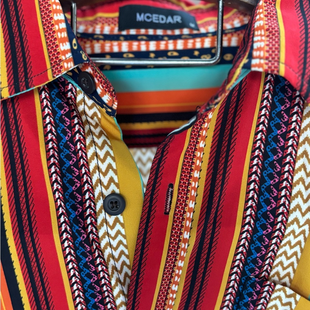 Mcedar Men's Vibrant Striped Casual‎ Shirt medium short sleeve